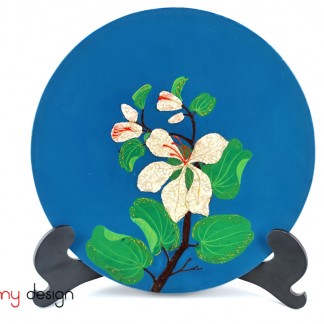 Blue round lacquer dish attached with eggshell Ban flower 30 cm( not included with stand)